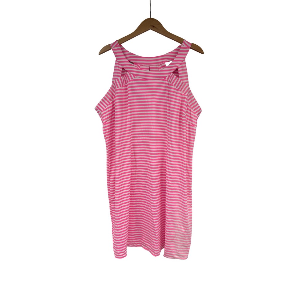 Lulu-B Pink White Striped Sleeveless Cage Neck Shift Resort Dress‎ XL UPF 50